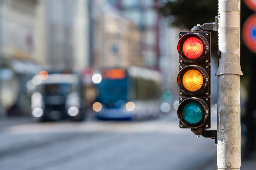 Traffic light on a city street representing red light violations handled by a traffic ticket lawyer